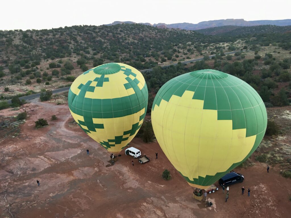 Hot air balloons flying over Sedona, Arizona.