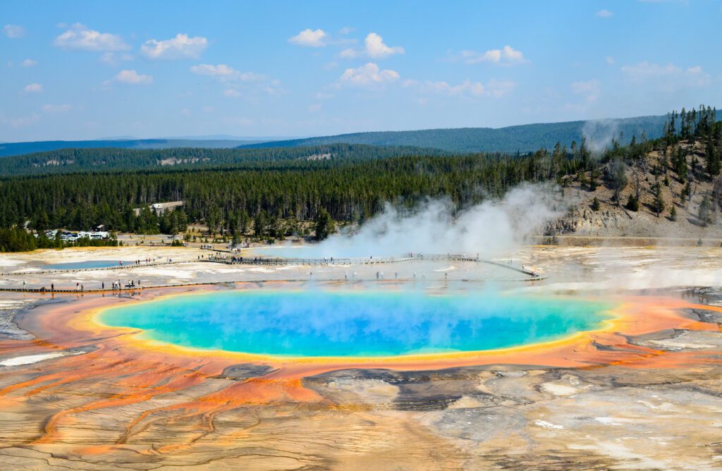 Top Scenic Drives and Top Attractions Yellowstone National Park. Grand Prismatic Spring located in Midway Geyser Basin