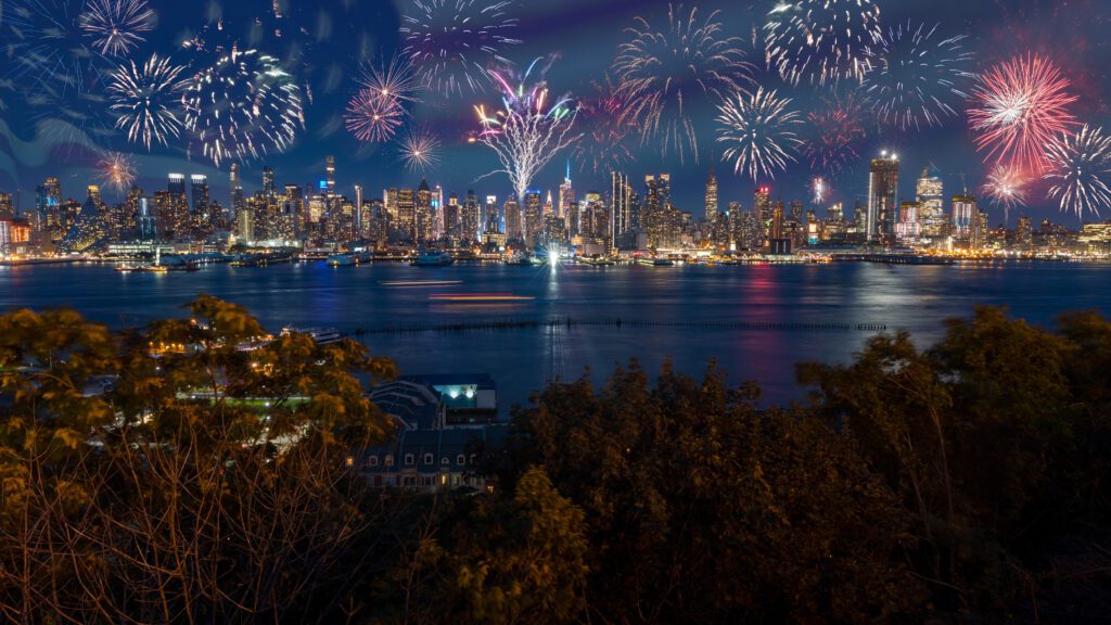 Fireworks over Manhattan, New York.