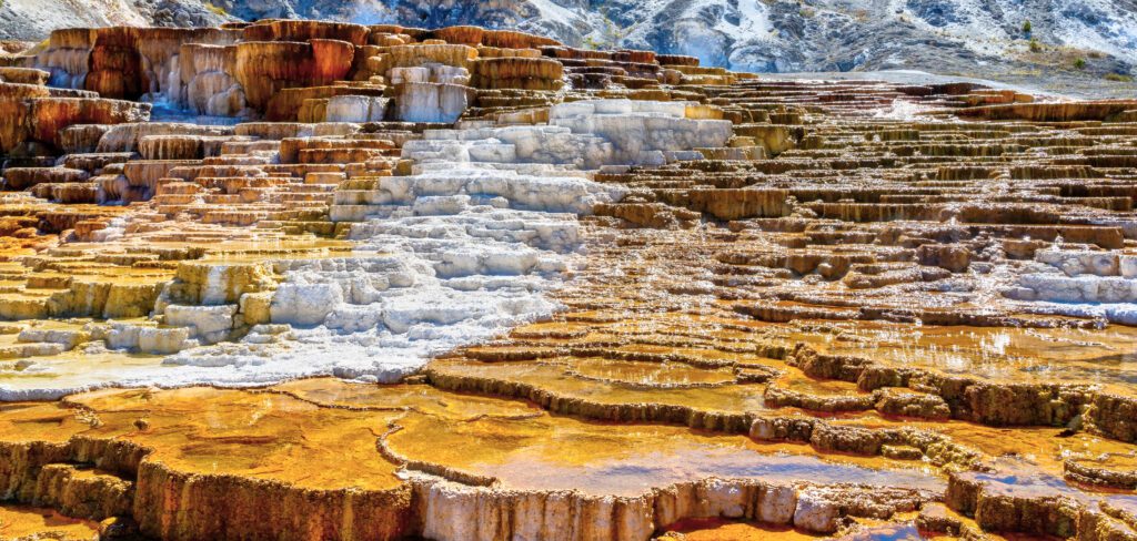 Mammoth Hot Springs in Yellowstone National Park, Wyoming. Top Scenic Drives and Top Attractions Yellowstone National Park