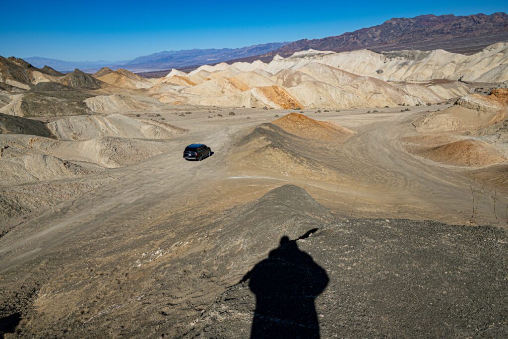 View of 20 Mule Team Canyon and the unpaved road going through it.