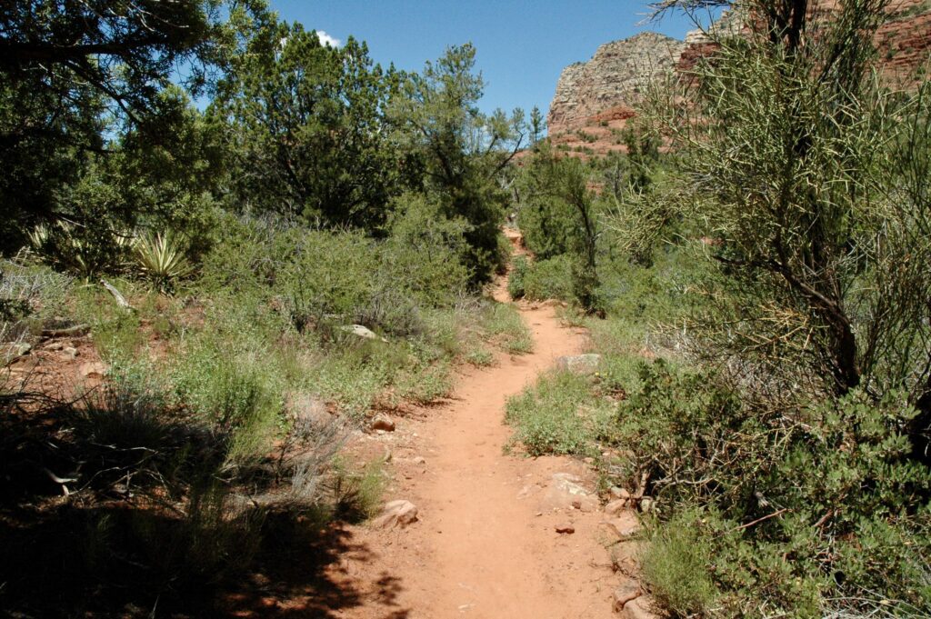 Section of the Big Park Loop trail on the lower part of Bell Rock and Courthouse Butte in Sedona, Arizona.