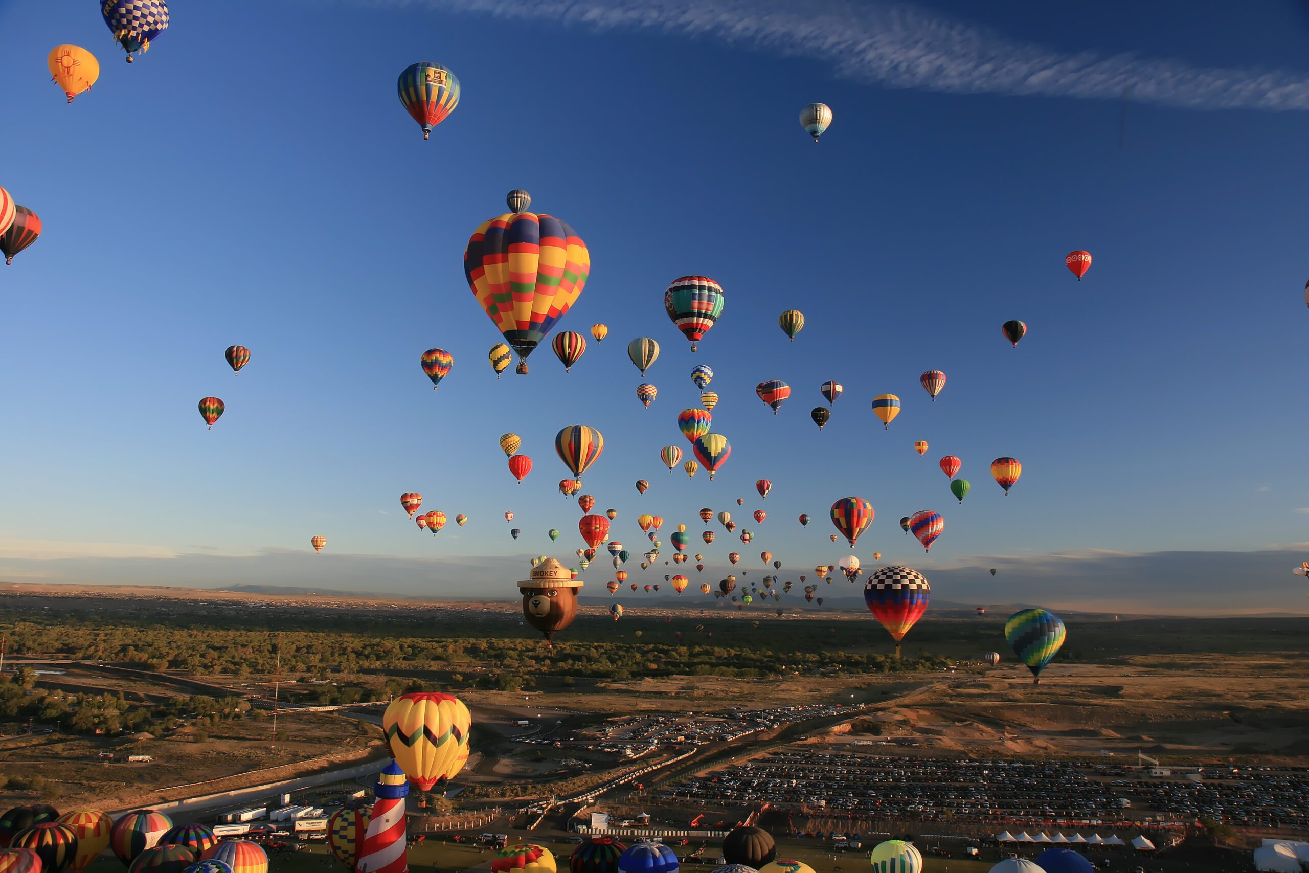 Hundreds of hot-air balloons takeoff each morning and land around various parts of Albuquerque, New Mexico just in time to pack them up and go to brunch.